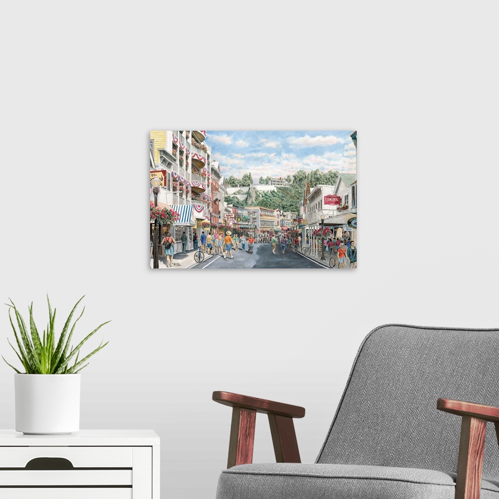 A modern room featuring Contemporary painting of a bustling street.