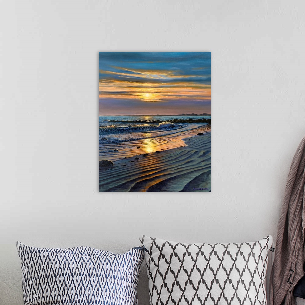 A bohemian room featuring Contemporary artwork of a beach and ocean views at sunset