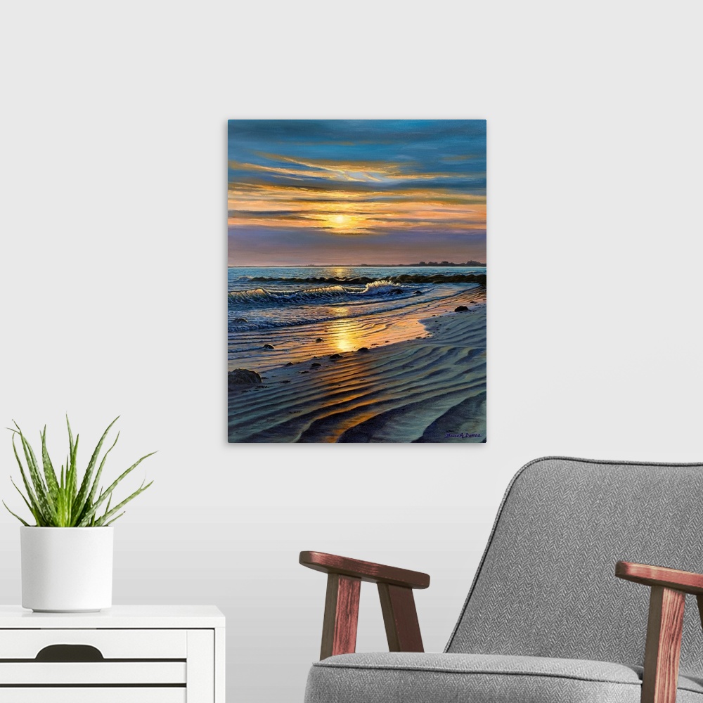 A modern room featuring Contemporary artwork of a beach and ocean views at sunset