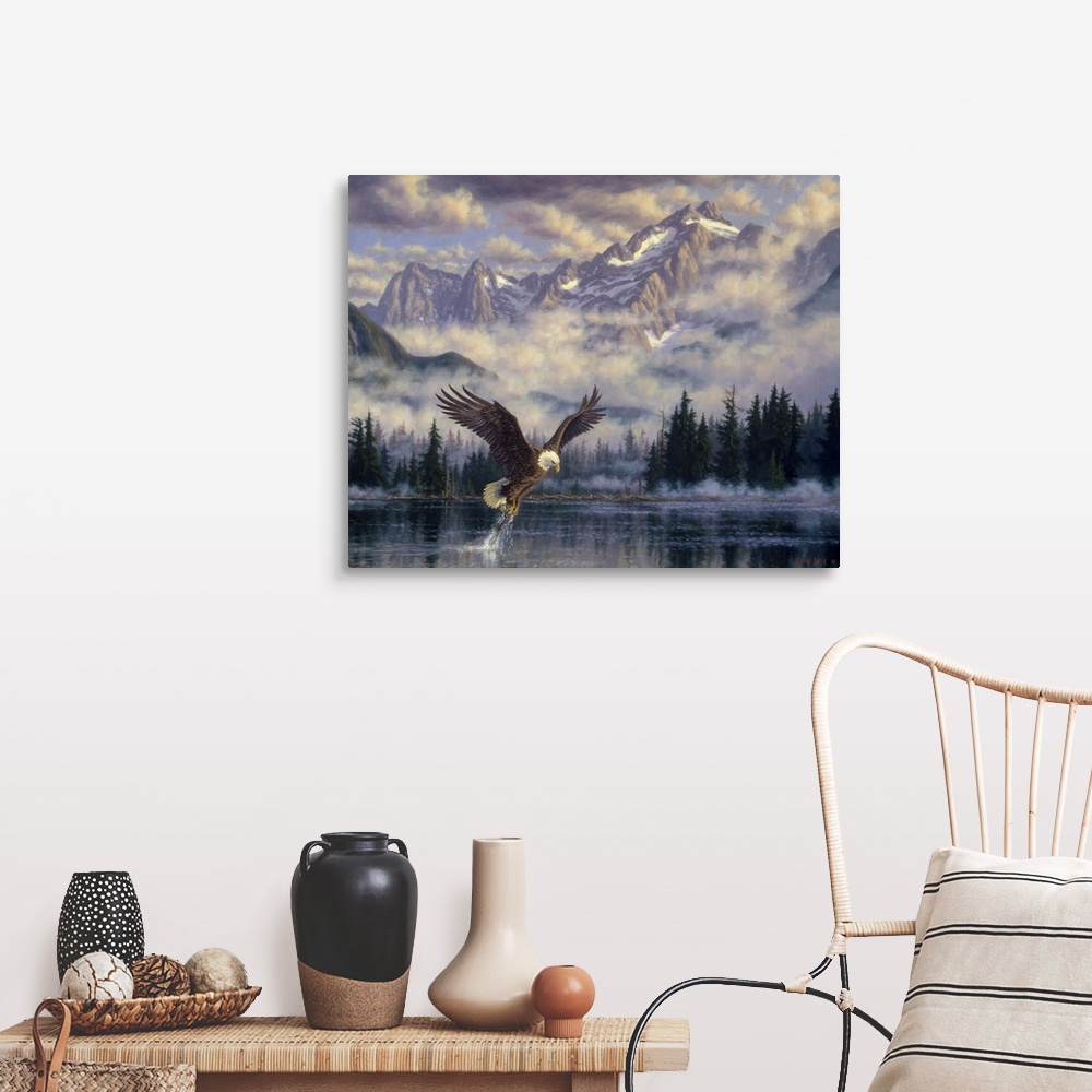 A farmhouse room featuring Eagle seizing a fish from the water with mountains in the distance.
