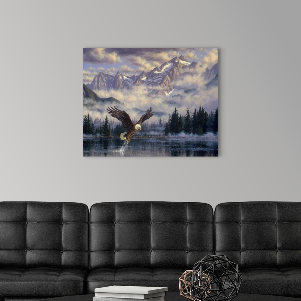 A modern room featuring Eagle seizing a fish from the water with mountains in the distance.