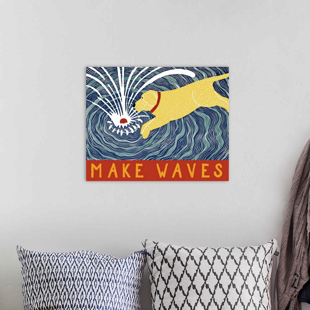 A bohemian room featuring Illustration of a yellow lab jumping in water to fetch its red ball with the phrase "Make Waves" ...