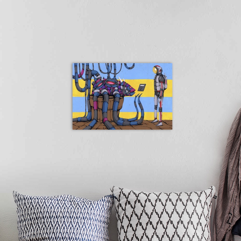 A bohemian room featuring Pop art painting of an sci-fi diver communicating with a cybernetic being.