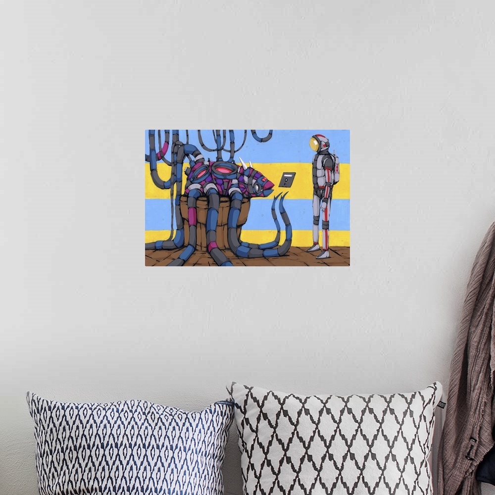 A bohemian room featuring Pop art painting of an sci-fi diver communicating with a cybernetic being.