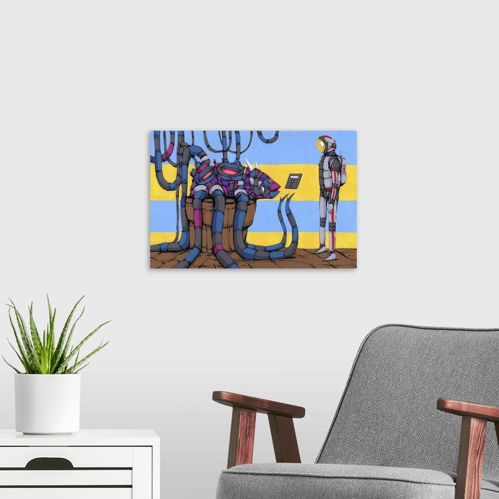 A modern room featuring Pop art painting of an sci-fi diver communicating with a cybernetic being.