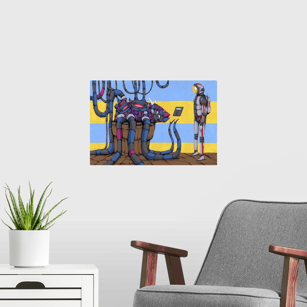 A modern room featuring Pop art painting of an sci-fi diver communicating with a cybernetic being.
