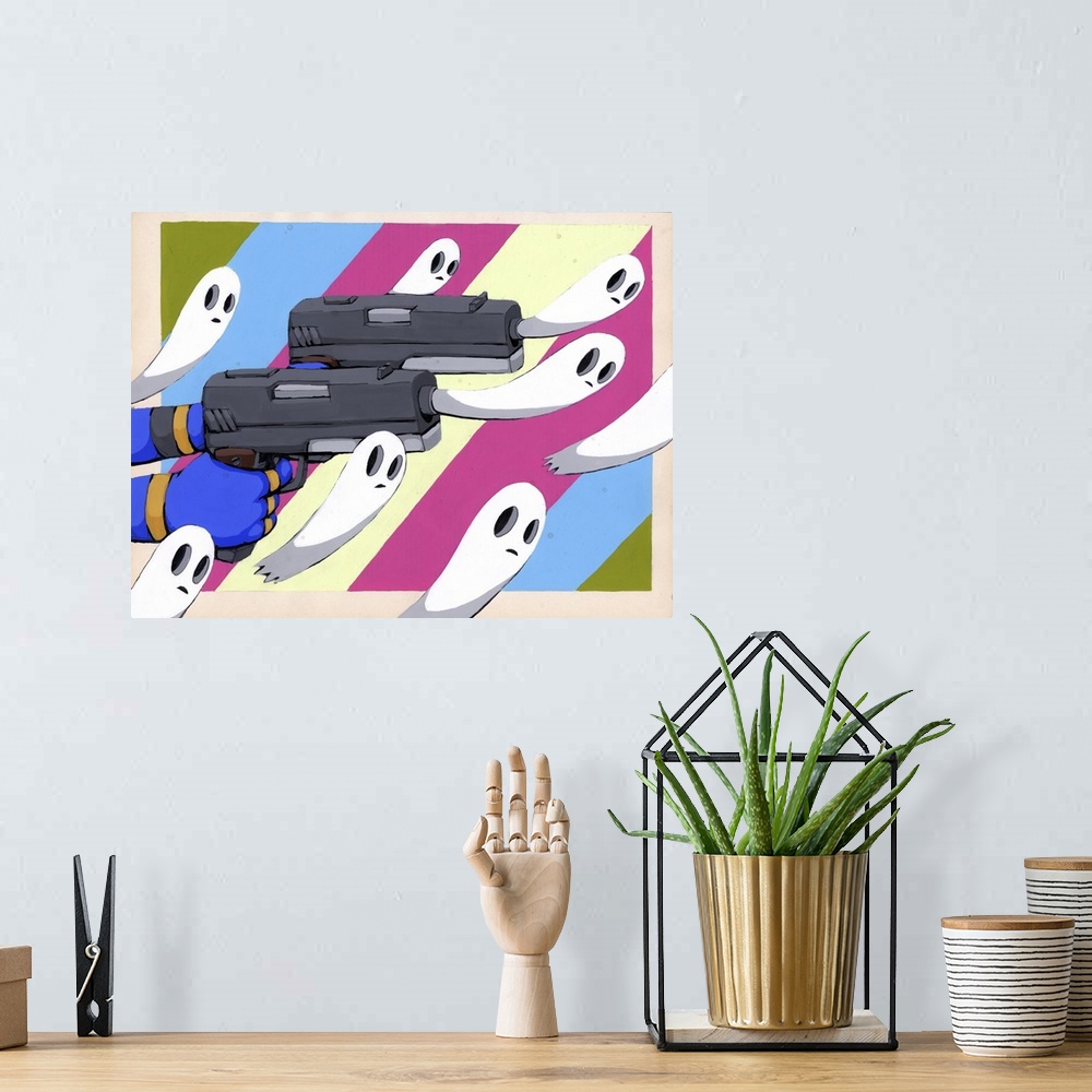 A bohemian room featuring Pop art painting of ghosts emerging from guns, symbolizing the destructive power of weapons.