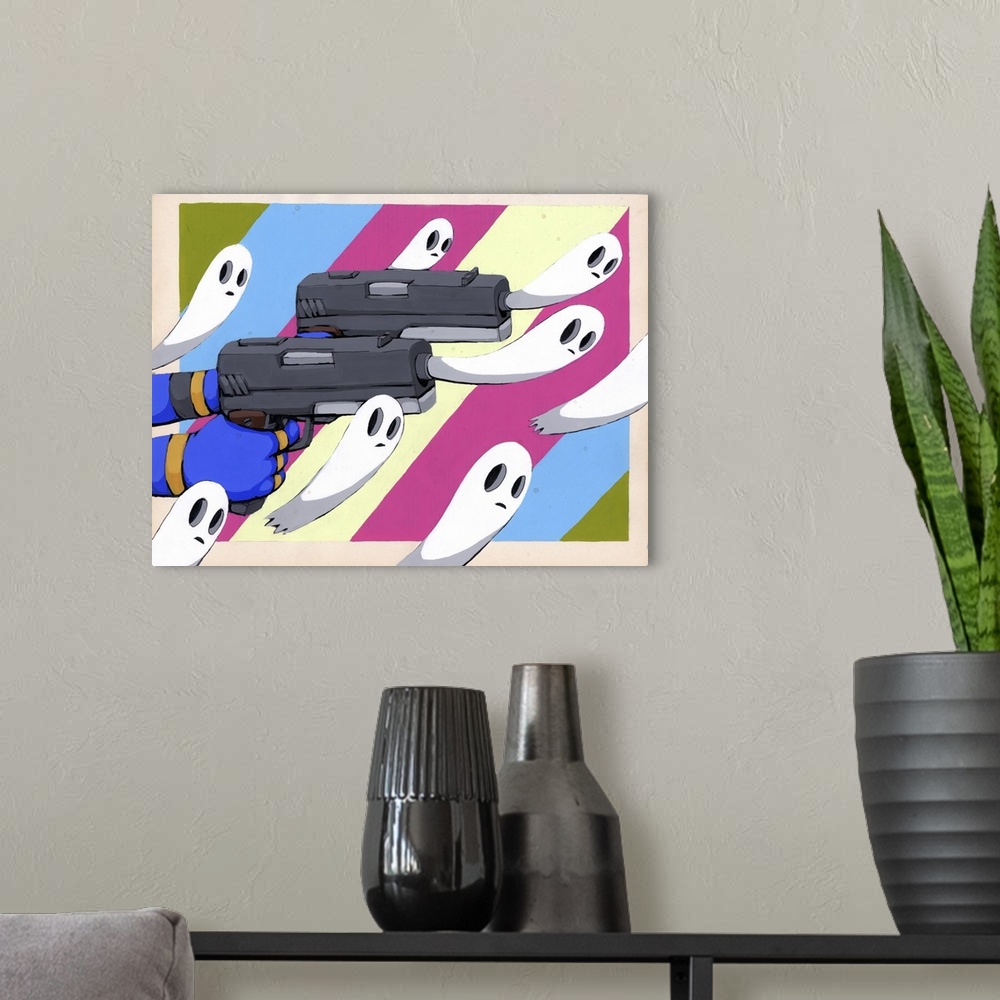 A modern room featuring Pop art painting of ghosts emerging from guns, symbolizing the destructive power of weapons.