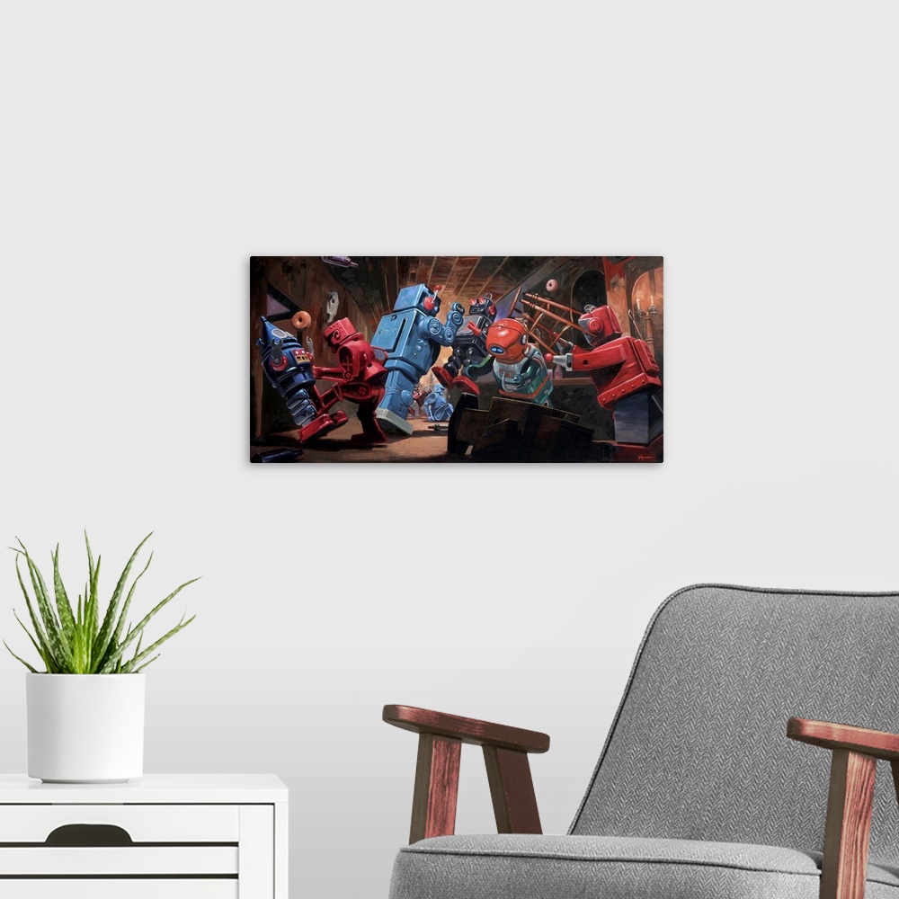 A modern room featuring A contemporary painting of a retro toy robot bar fight with chairs and donuts flying through the ...