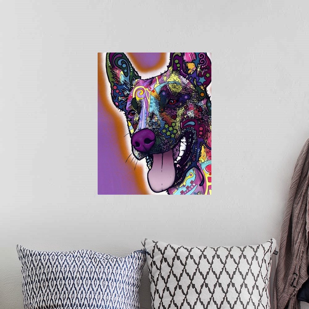 A bohemian room featuring Contemporary artwork that uses different designs and colors over the face of a dog.
