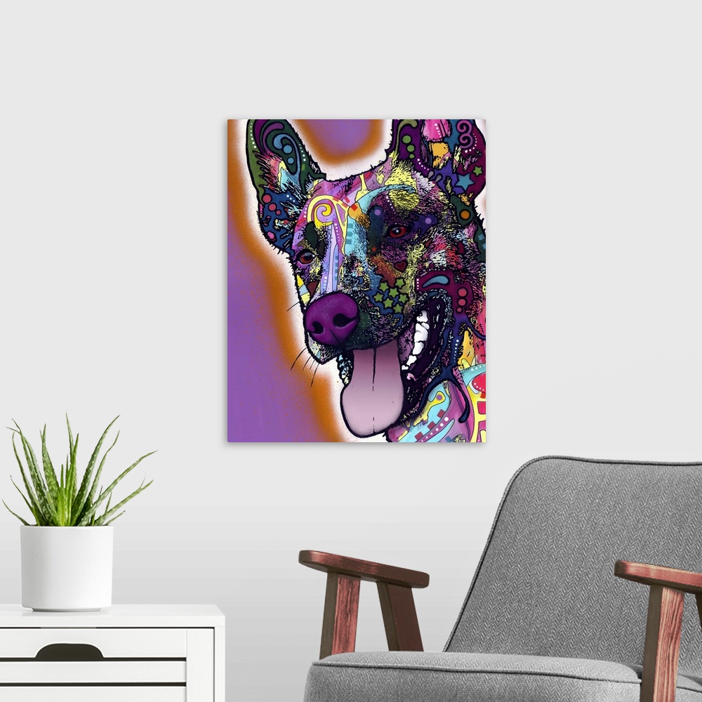 A modern room featuring Contemporary artwork that uses different designs and colors over the face of a dog.