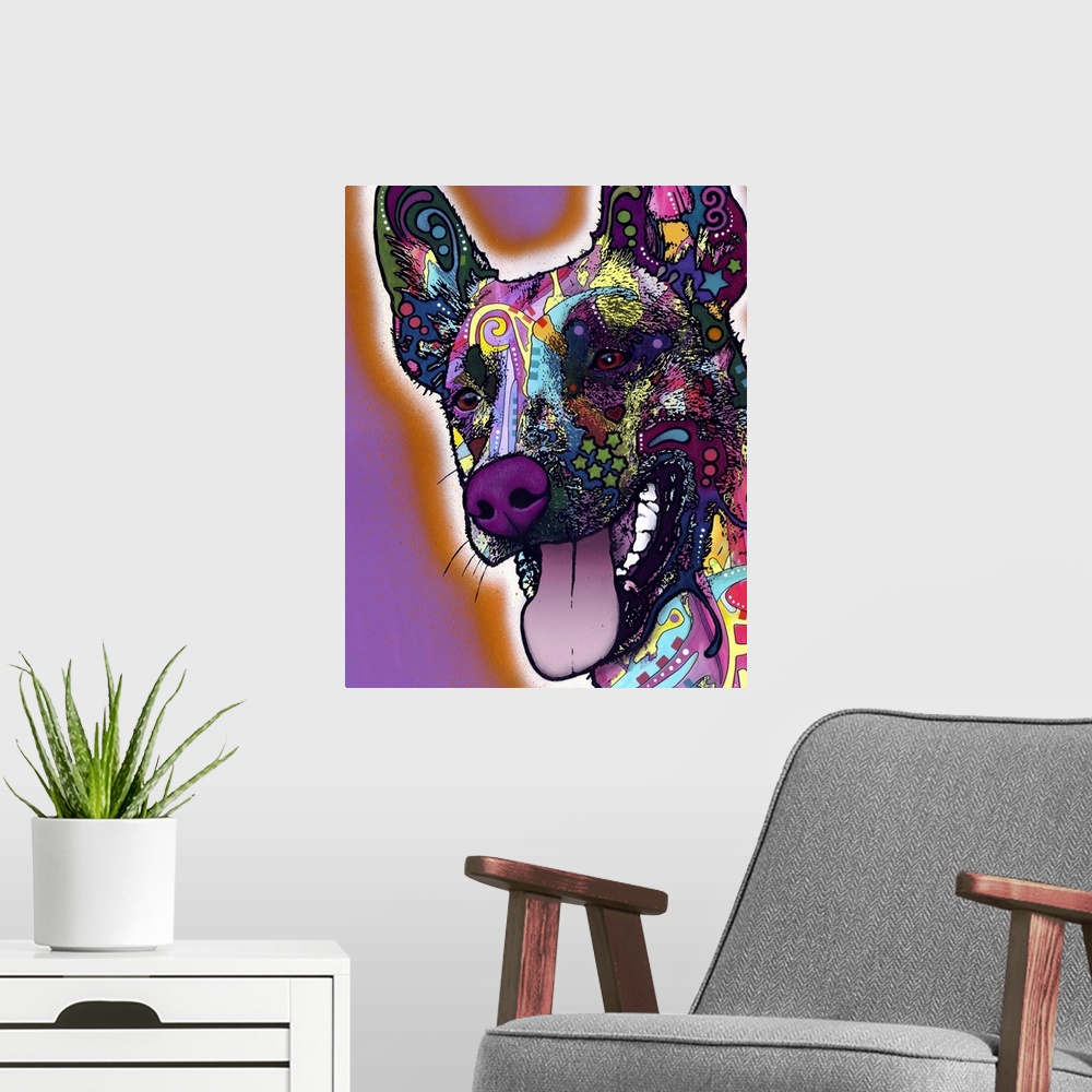 A modern room featuring Contemporary artwork that uses different designs and colors over the face of a dog.