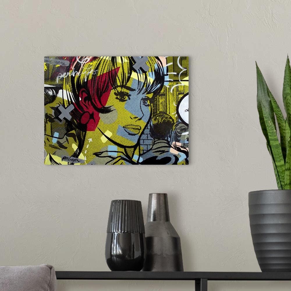 A modern room featuring Pop art composed of comic illustrations and bold text, reminiscent of Lichtenstein, with a concer...