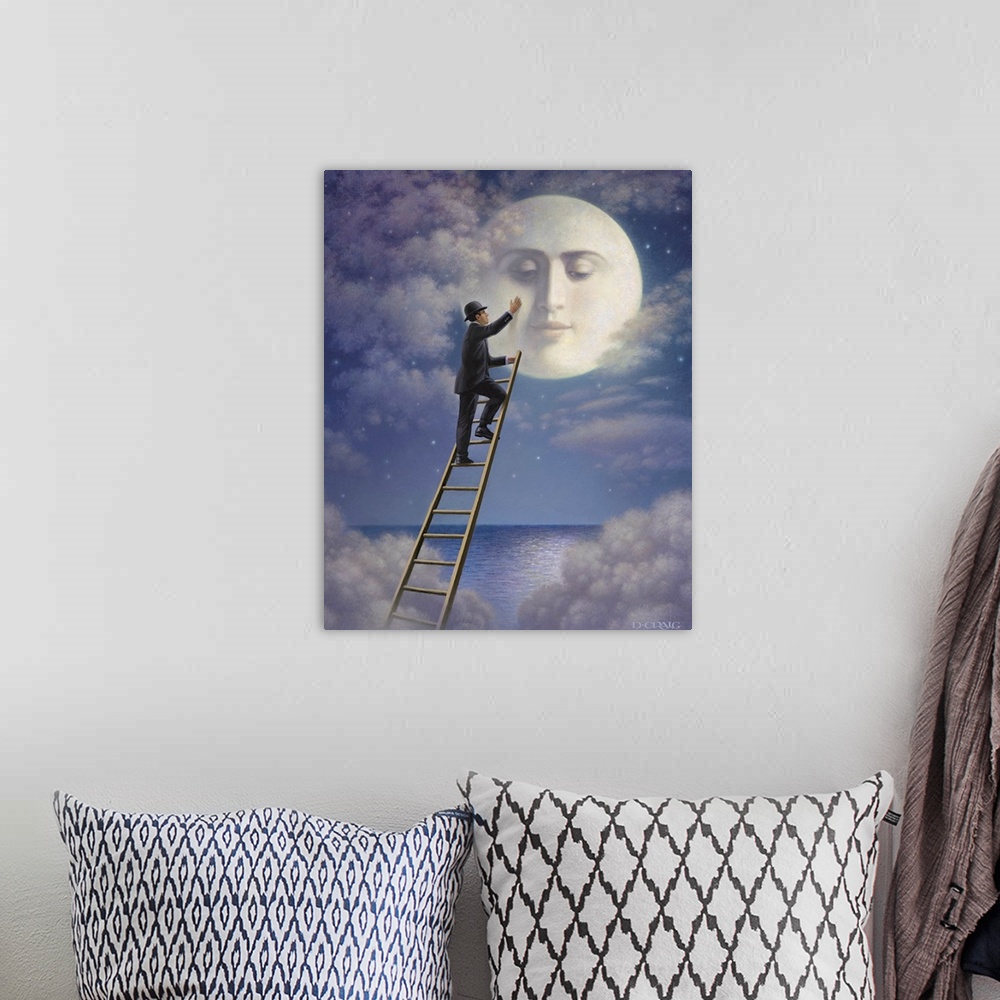 A bohemian room featuring A man climbing a ladder to the moon.