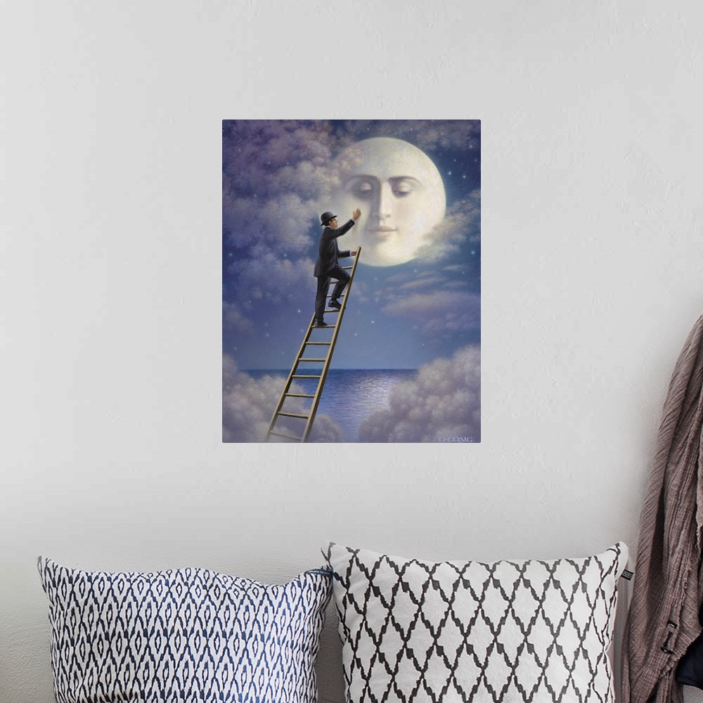 A bohemian room featuring A man climbing a ladder to the moon.