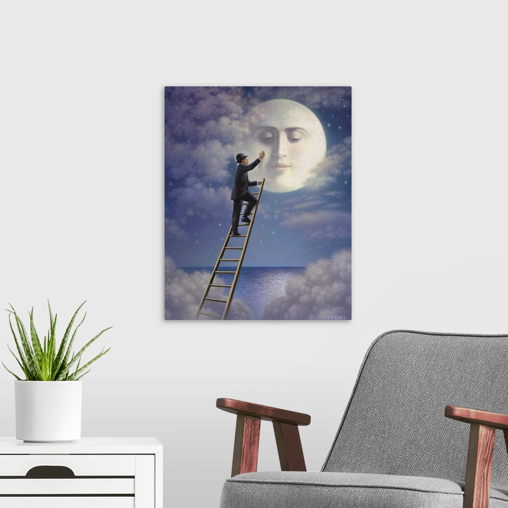 A modern room featuring A man climbing a ladder to the moon.