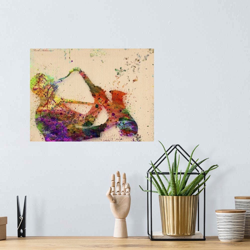 A bohemian room featuring Man with Saxaphone - watercolor