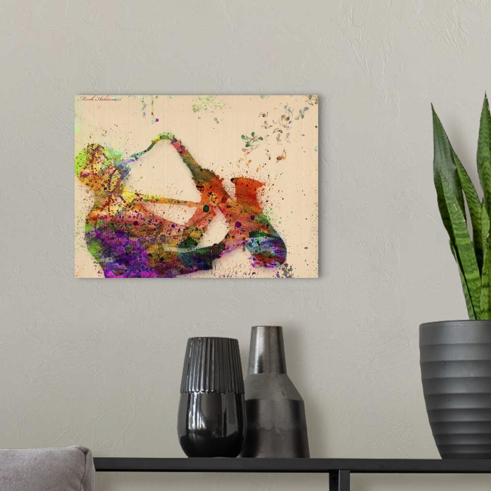A modern room featuring Man with Saxaphone - watercolor