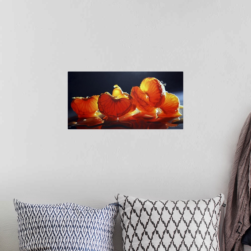 A bohemian room featuring Mandarin oranges, fruit, still life.