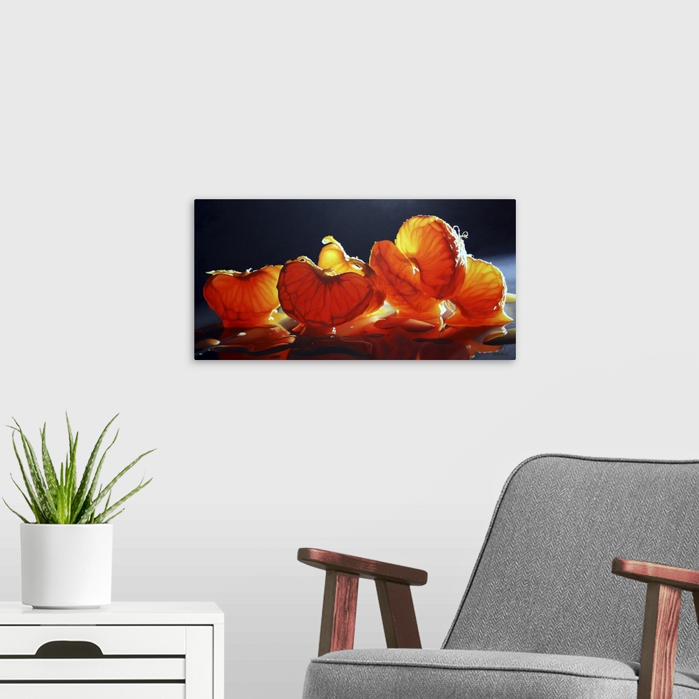 A modern room featuring Mandarin oranges, fruit, still life.