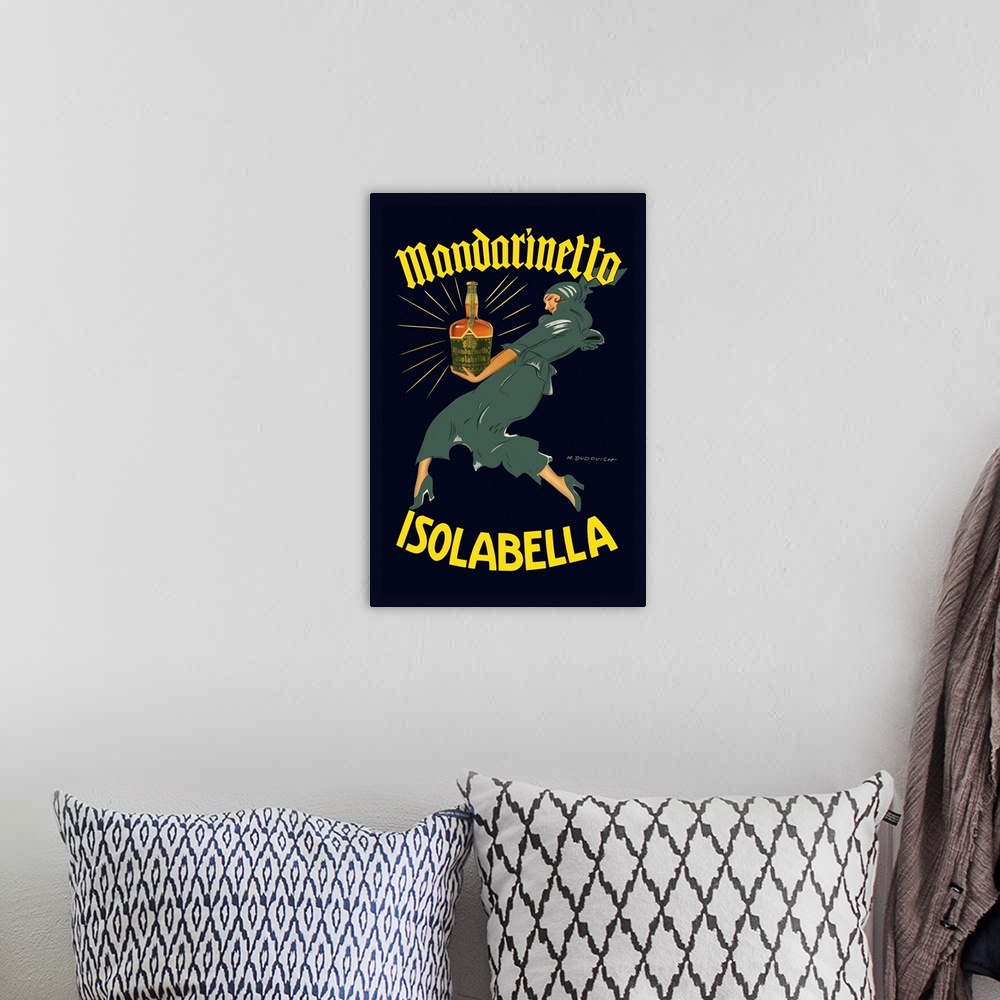 A bohemian room featuring Vintage advertisement artwork for Mandarinetto Isolabella.