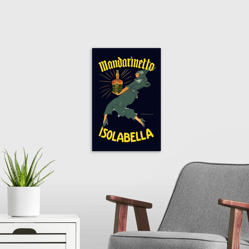 A modern room featuring Vintage advertisement artwork for Mandarinetto Isolabella.