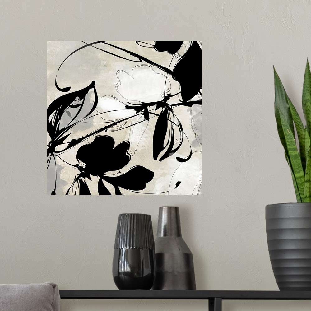 A modern room featuring Oversized, square wall art in black and white of a flower and ink design  on a light background.