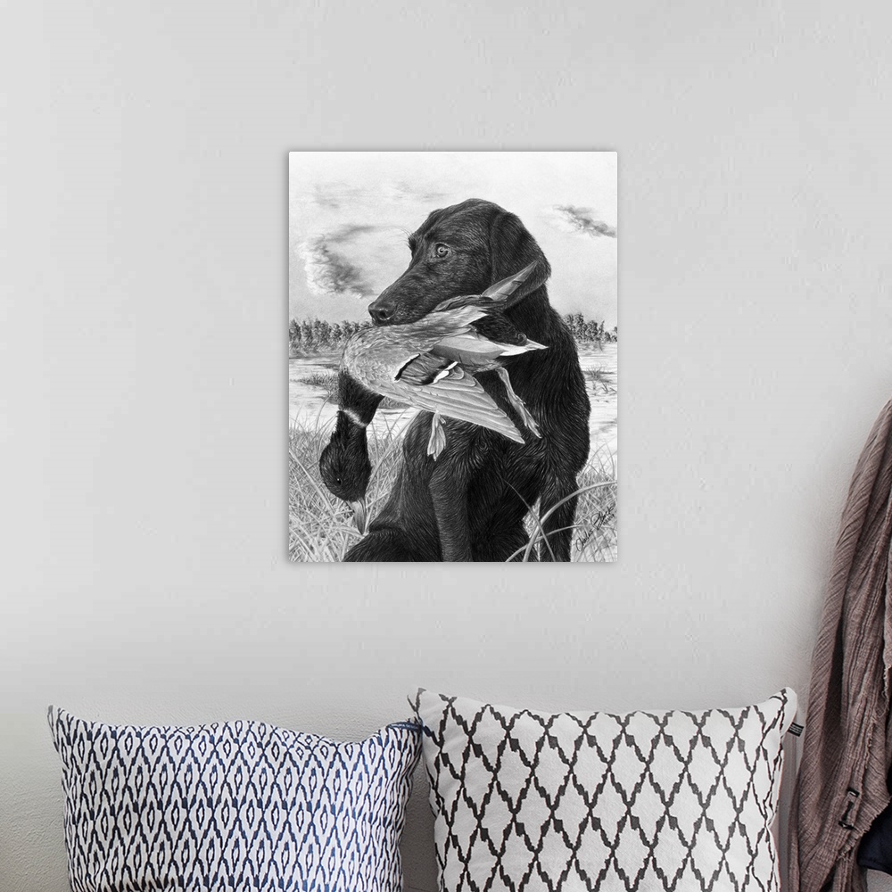 A bohemian room featuring A black and white painting of a black lab holding a duck in its  mouth from the hunt.