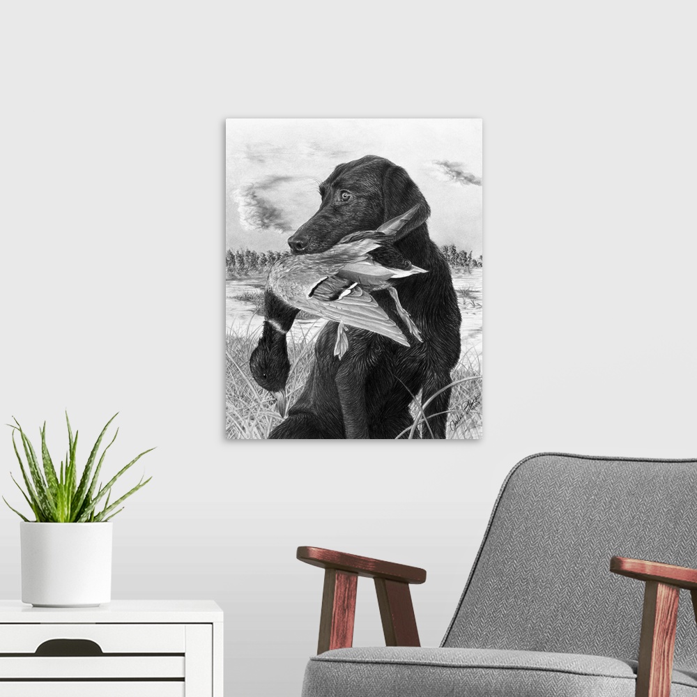 A modern room featuring A black and white painting of a black lab holding a duck in its  mouth from the hunt.