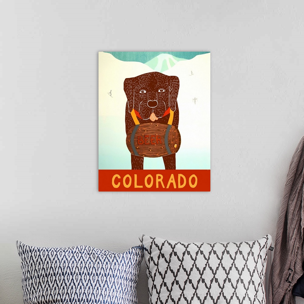 A bohemian room featuring Illustration of a chocolate lab with a barrel of beer around its neck on the ski slopes with "Col...