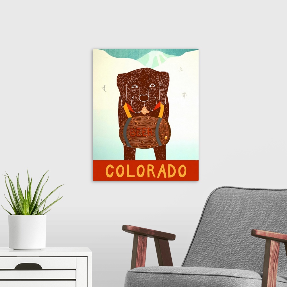 A modern room featuring Illustration of a chocolate lab with a barrel of beer around its neck on the ski slopes with "Col...