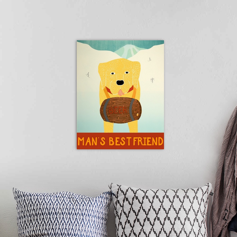A bohemian room featuring Illustration of a yellow lab with a barrel of beer around its neck on the ski slopes with the phr...