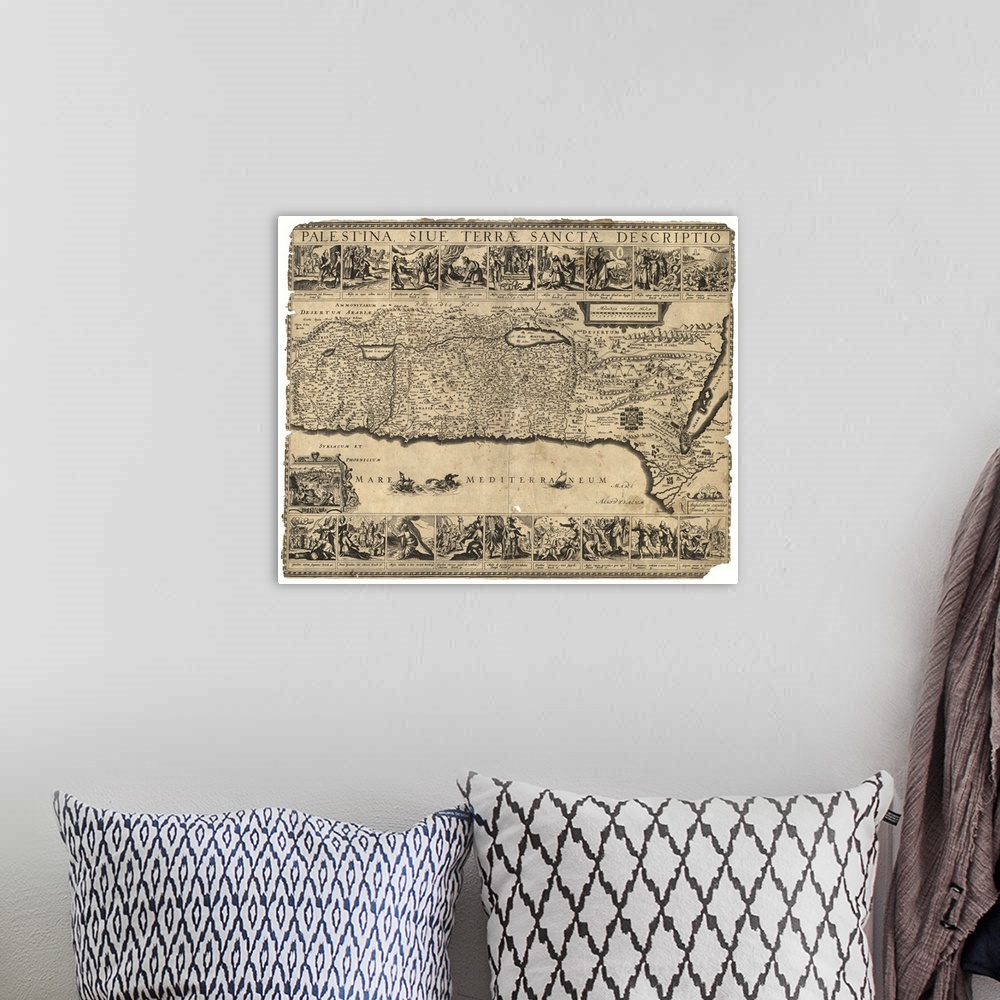 A bohemian room featuring Map of Jerusalem, Palestine, and the Holy Land