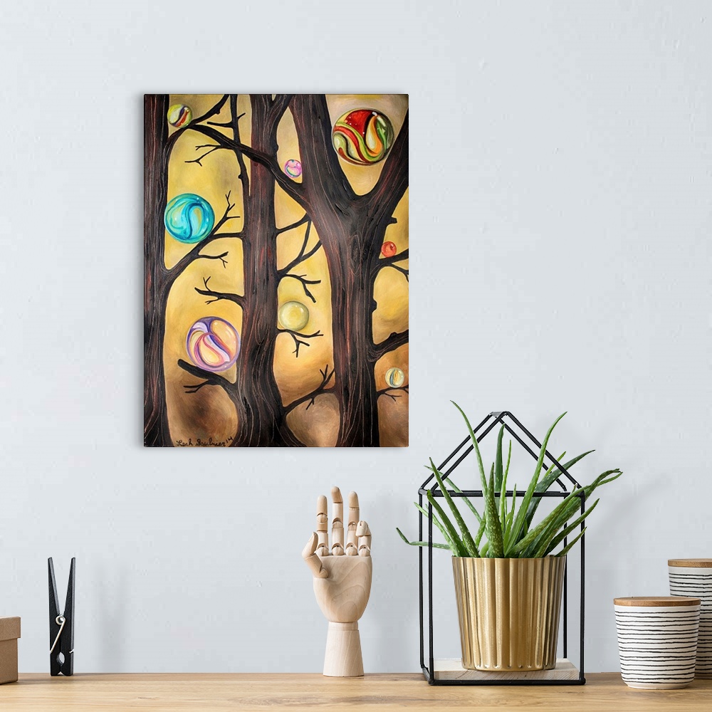 A bohemian room featuring Surrealist painting of a forest of trees with glass marbles on the branches.