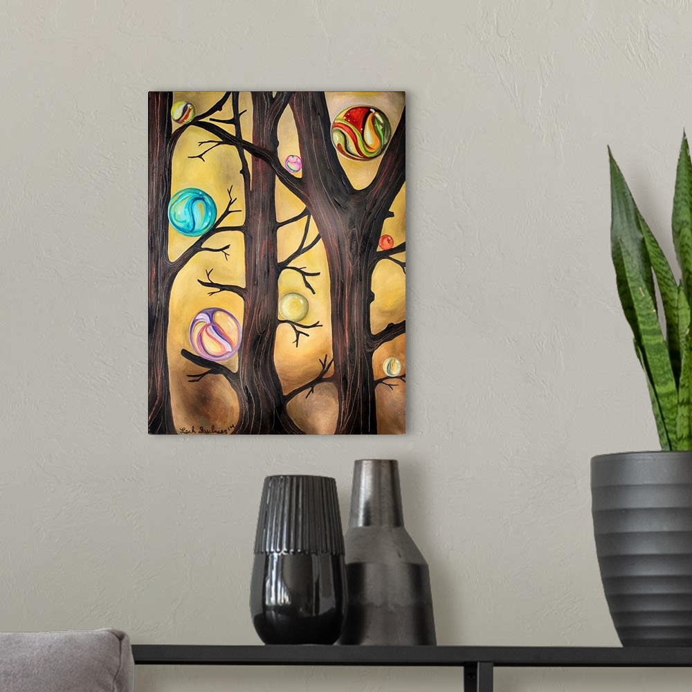 A modern room featuring Surrealist painting of a forest of trees with glass marbles on the branches.