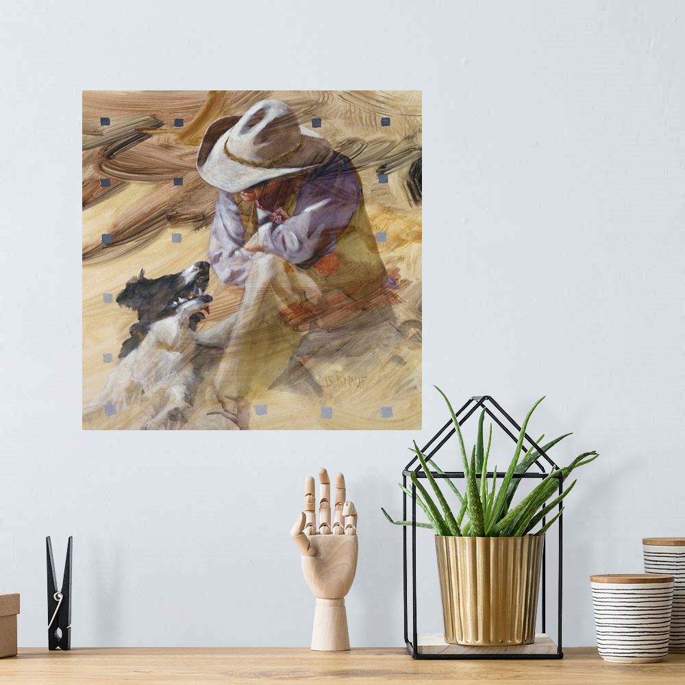A bohemian room featuring Western themed contemporary painting of a cowboy and his faithful dog.
