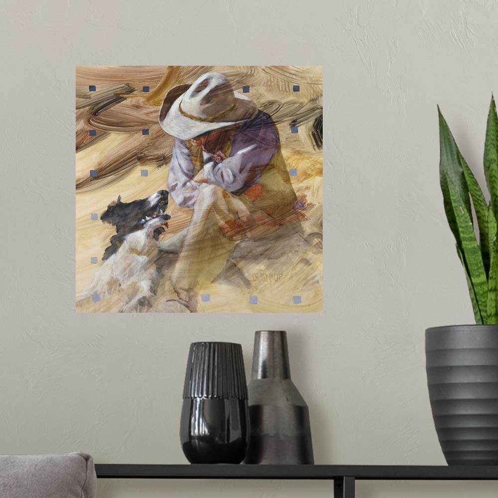 A modern room featuring Western themed contemporary painting of a cowboy and his faithful dog.