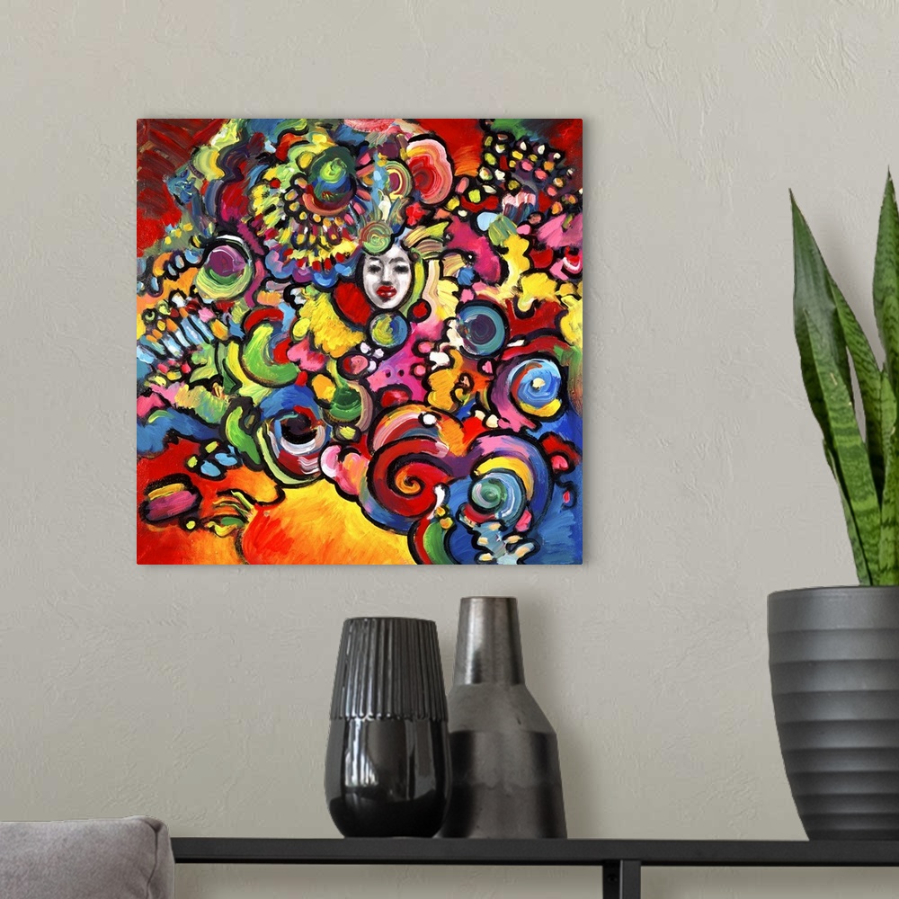 A modern room featuring Contemporary painting in vivid rainbow colors of a woman dressed up for a festival celebration.