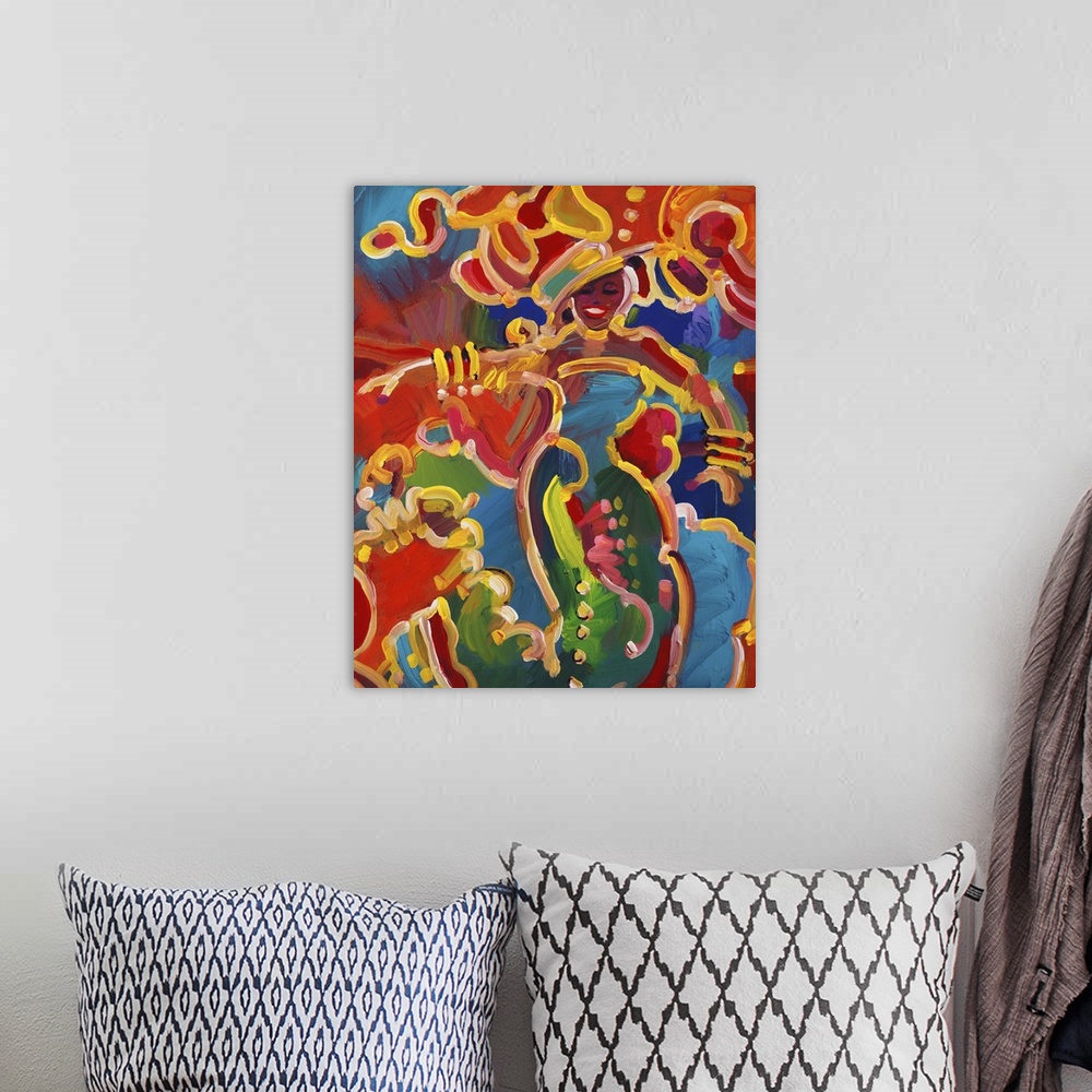 A bohemian room featuring Contemporary painting in vivid rainbow colors of a woman dressed up for a festival celebration.
