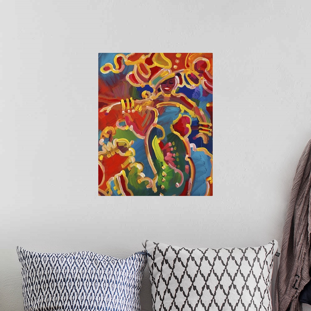A bohemian room featuring Contemporary painting in vivid rainbow colors of a woman dressed up for a festival celebration.