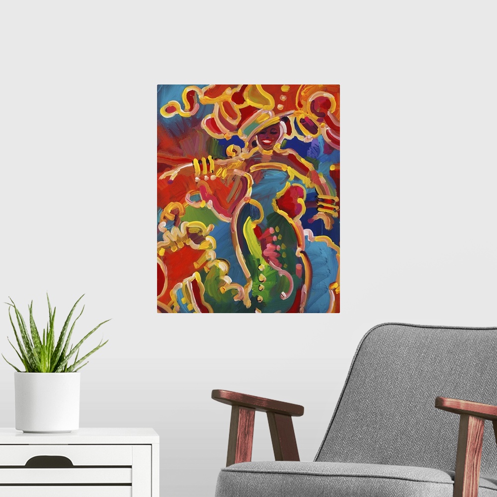 A modern room featuring Contemporary painting in vivid rainbow colors of a woman dressed up for a festival celebration.