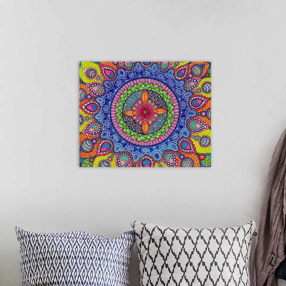A bohemian room featuring Contemporary abstract artwork using bright vibrant colors and patterns.