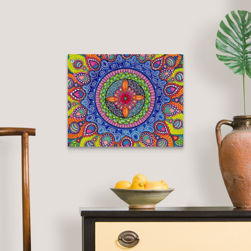 A traditional room featuring Contemporary abstract artwork using bright vibrant colors and patterns.