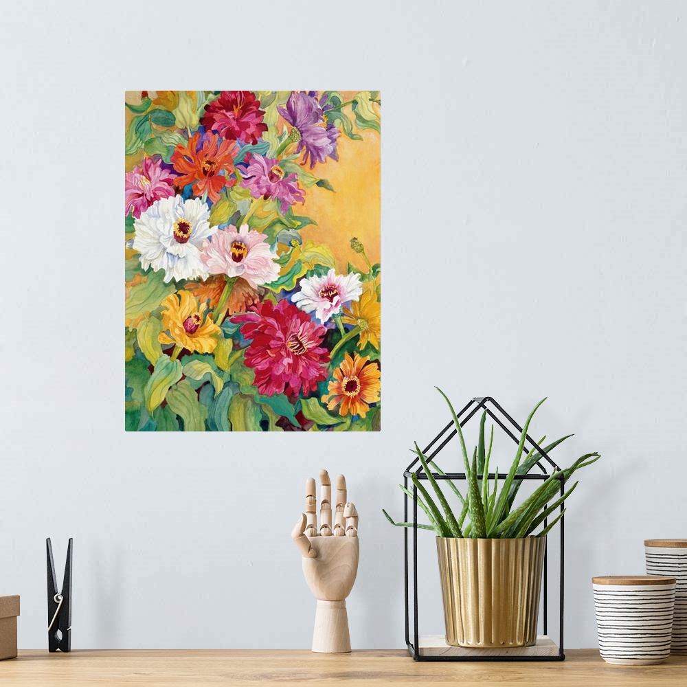 A bohemian room featuring Colorful contemporary painting of a bouquet of flowers.