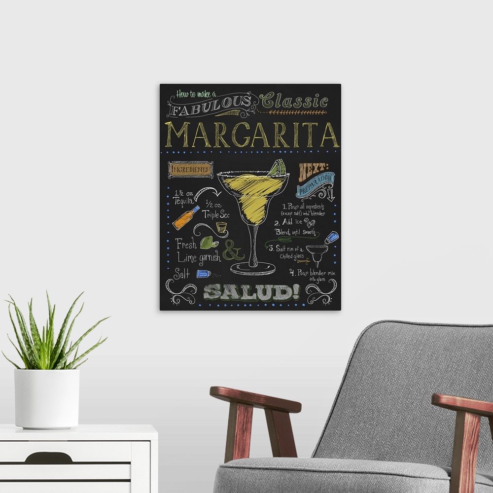 A modern room featuring Chalkboard-style sign with instructions and ingredients for making a margarita.