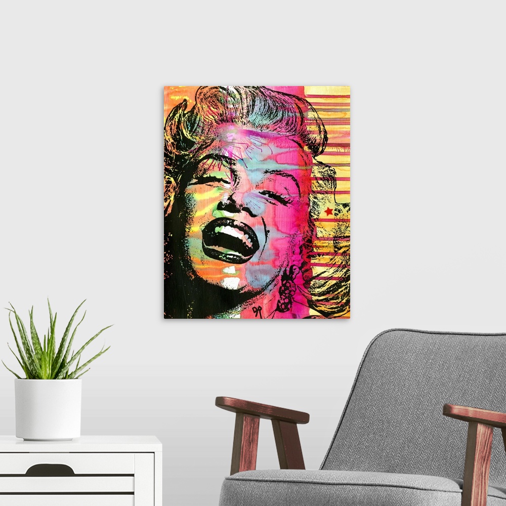 A modern room featuring Colorful illustration of Marilyn Monroe laughing with busy painted designs in the background.