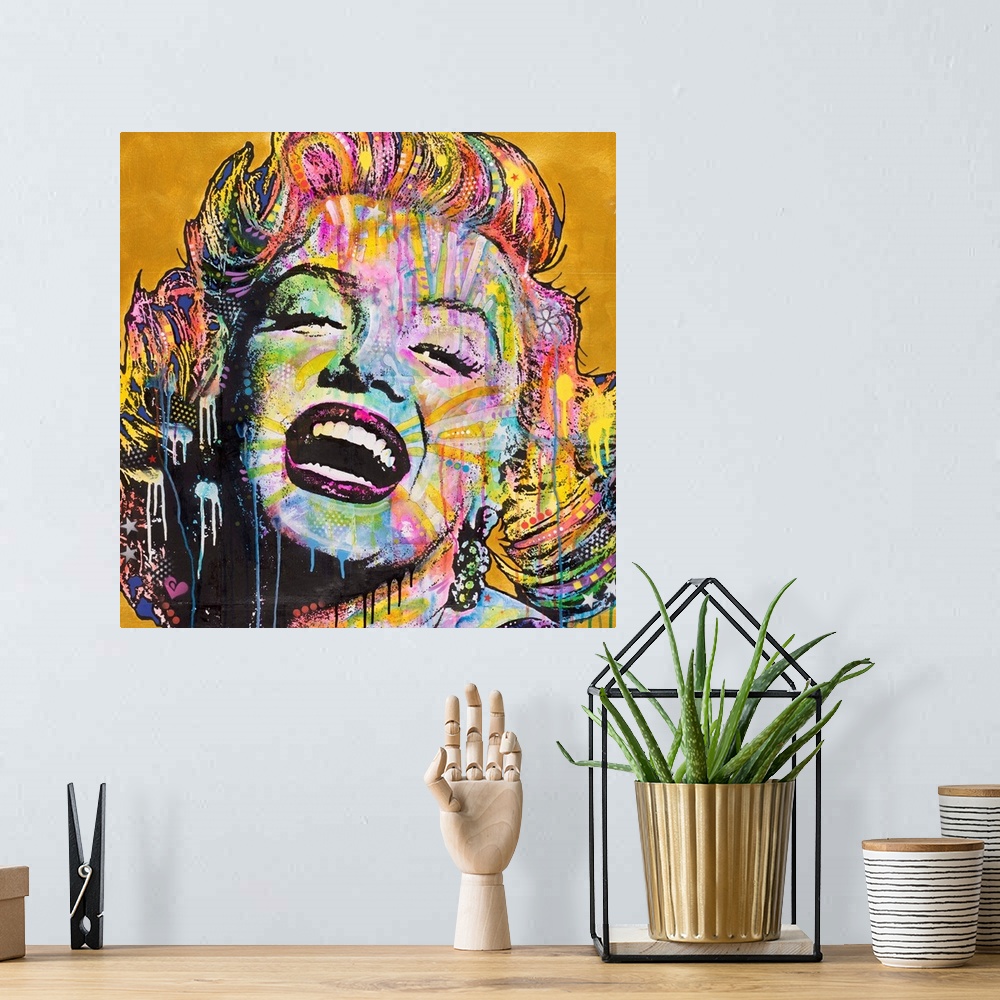 A bohemian room featuring Square illustration of Marilyn Monroe laughing and full of color with paint drips running down to...