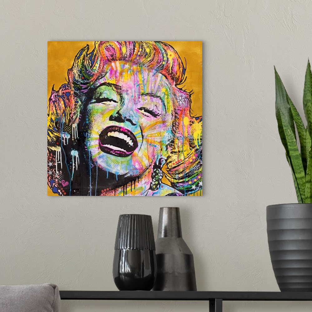 A modern room featuring Square illustration of Marilyn Monroe laughing and full of color with paint drips running down to...