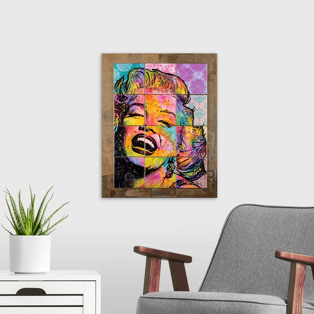 A modern room featuring 12 colorful tiles placed together to create Marilyn Monroe's face on top of a brown background wi...