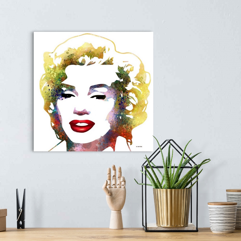 A bohemian room featuring Contemporary colorful portrait of Marliyn Monroe.